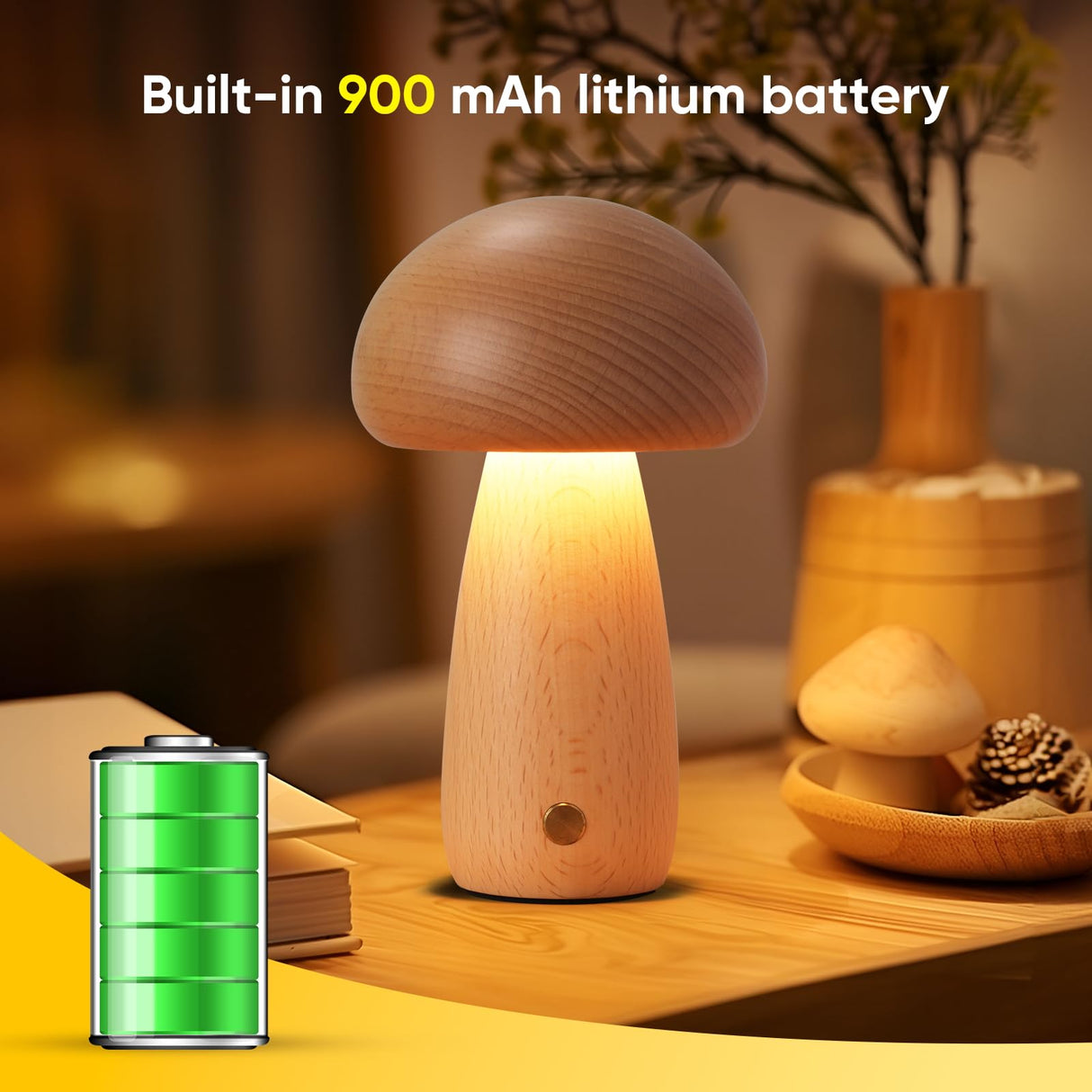 LONRISWAY Wooden Mushroom Lamp for Bedroom, Portable Cordless Small Rechargeable Battery Operated Lamp,Stepless Dimming, Night Light for Birthday Gifts LONRISWAY