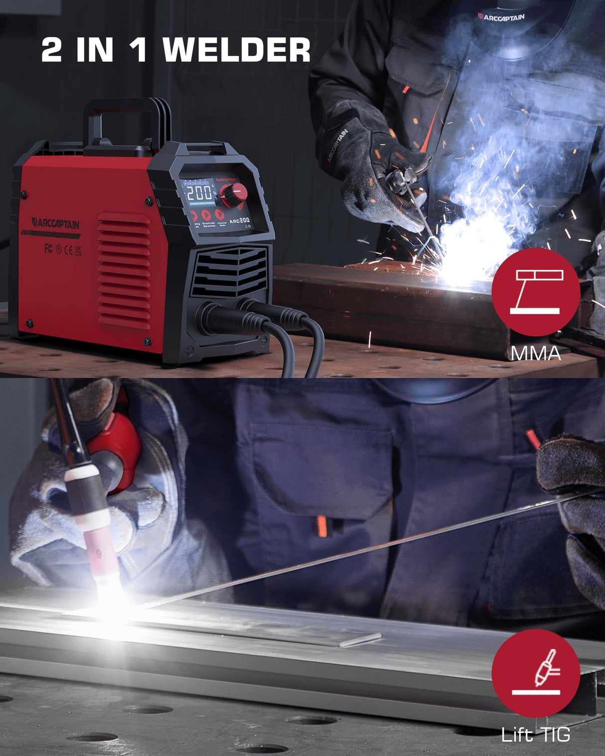 ARCCAPTAIN Stick Welder, [Large LED Display] 200A ARC/Lift TIG Welding Machine with Synergic Control, IGBT Inverter 110V/220V Portable MMA Welder Machine with Hot Start, Arc force and Anti-Stick ARCCAPTAIN