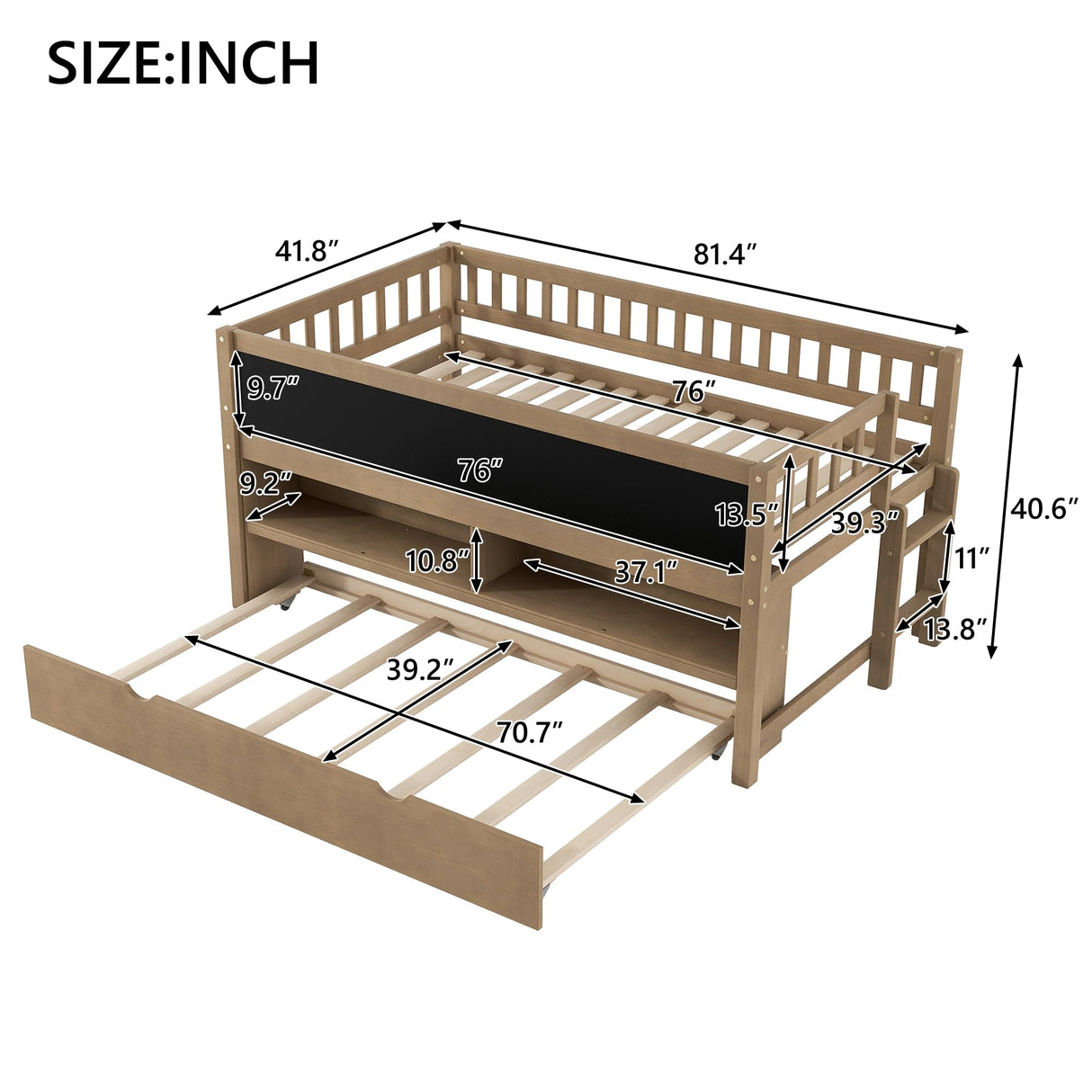JIJIWANG Twin Size Low Loft Bed with Storage Shelves and Blackboard Wooden Loft Bed with Trundle, Wood Slats Support, No Box Spring Required, Walnut JIJIWANG