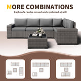 Poteban 6 Pieces Patio Furniture Set, Wide Arm Outdoor Patio Sectional Couch Set, All Weather Wicker Rattan Conversation Set w/Cushions and Glass Table and Waterproof Cover, Grey & Grey Poteban