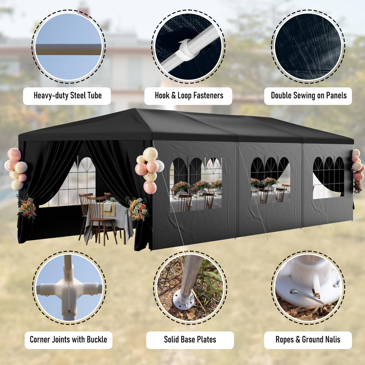 10x30FT Black Party Tent Outdoor Canopy Tent Heavy Duty Wedding Tent Waterproof Patio Gazebo Event Tents for Parties with 8 Removable Sidewalls Perfect for Holiday Birthday Graduation BBQ susici