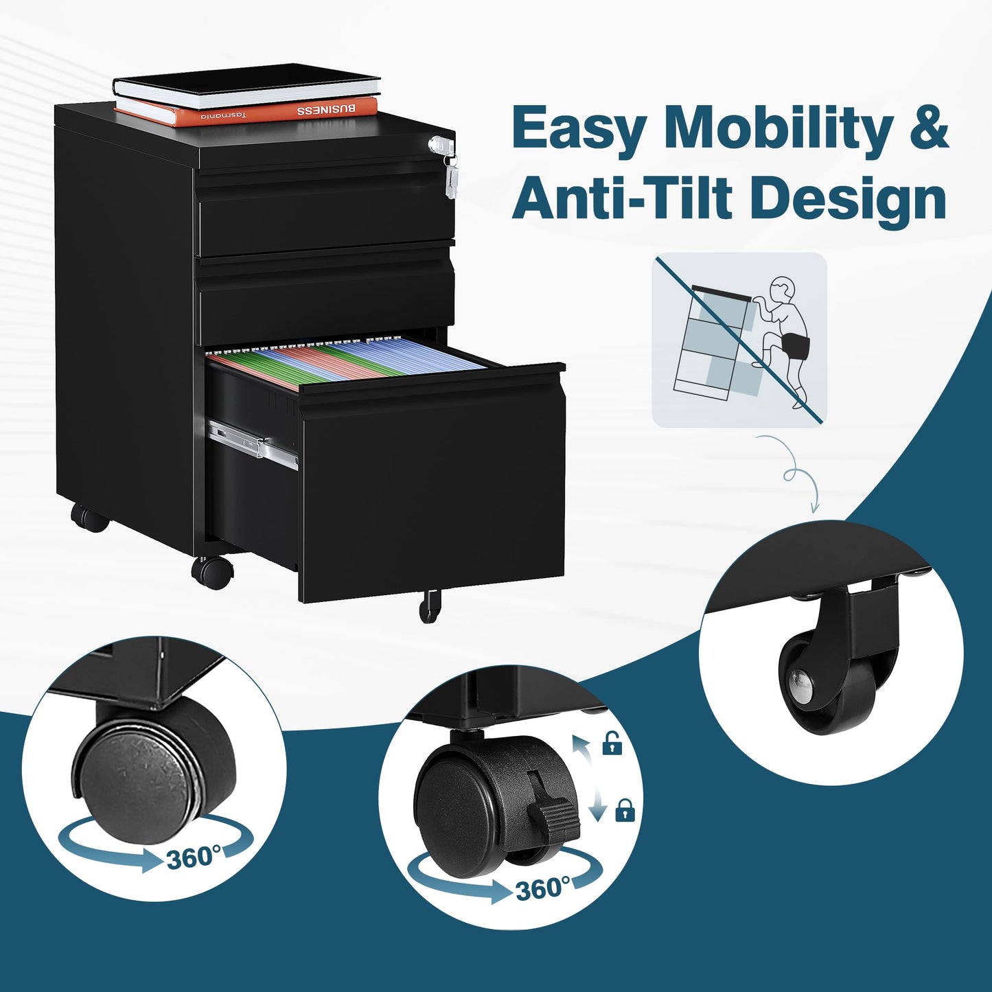 MIIIKO 3 Drawer File Cabinet on Wheels, Home Office Mobile File Cabinet Under Desk, Full Assembled Metal Filing Cabinets with Lock for Legal/Letter/A4 File Folders - WoodArtSupply
