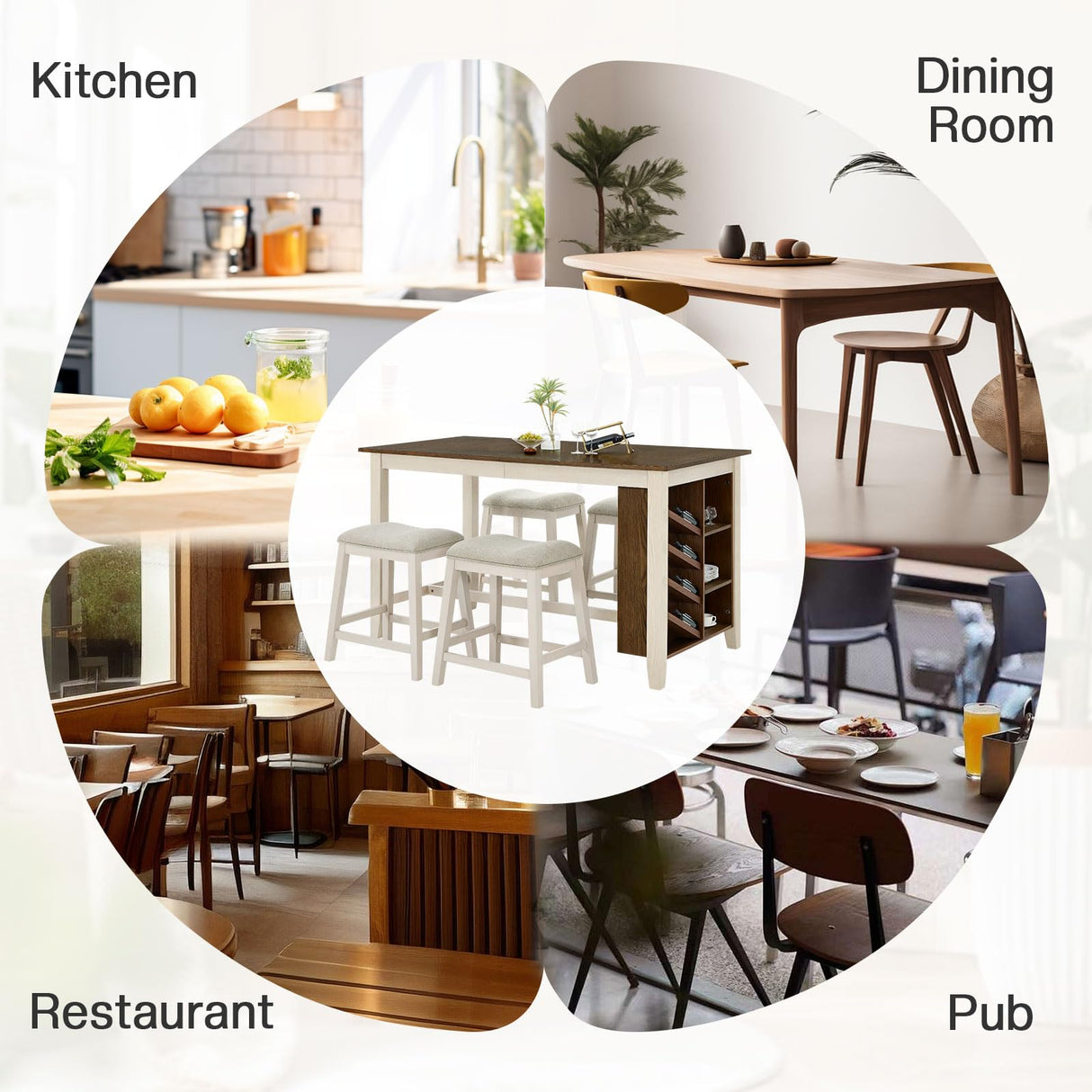 AMERLIFE 60" Solid Wood Counter Height Dining and Kitchen Table Set for 4 Upholstered Stools, 7-Layer Storage Farmhouse Dinner Table with Chairs Built-in Wine Rack & Cabinet, 5-Piece Rectangle AMERLIFE