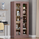 AFAIF 71" Tall Brown Metal Storage Cabinet with Glass Doors and Adjustable Shelves AFAIF