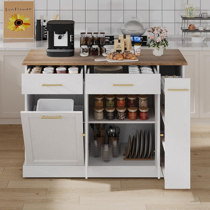 4 EVER WINNER Kitchen Island with Trash Can Storage, 52" Large Kitchen Island Cart with Pull Out Spice Rack, Rolling Portable Islands for Kitchen, White