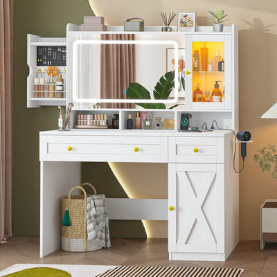 CSZZD Vanity Desk with Mirror and Lights, White Makeup Vanity Desk with Charging Station, Dressing Table with Storage Drawers, RGB Cabinets and Hidden Jewelry Rack for Bedroom, 3 LED Light Modes