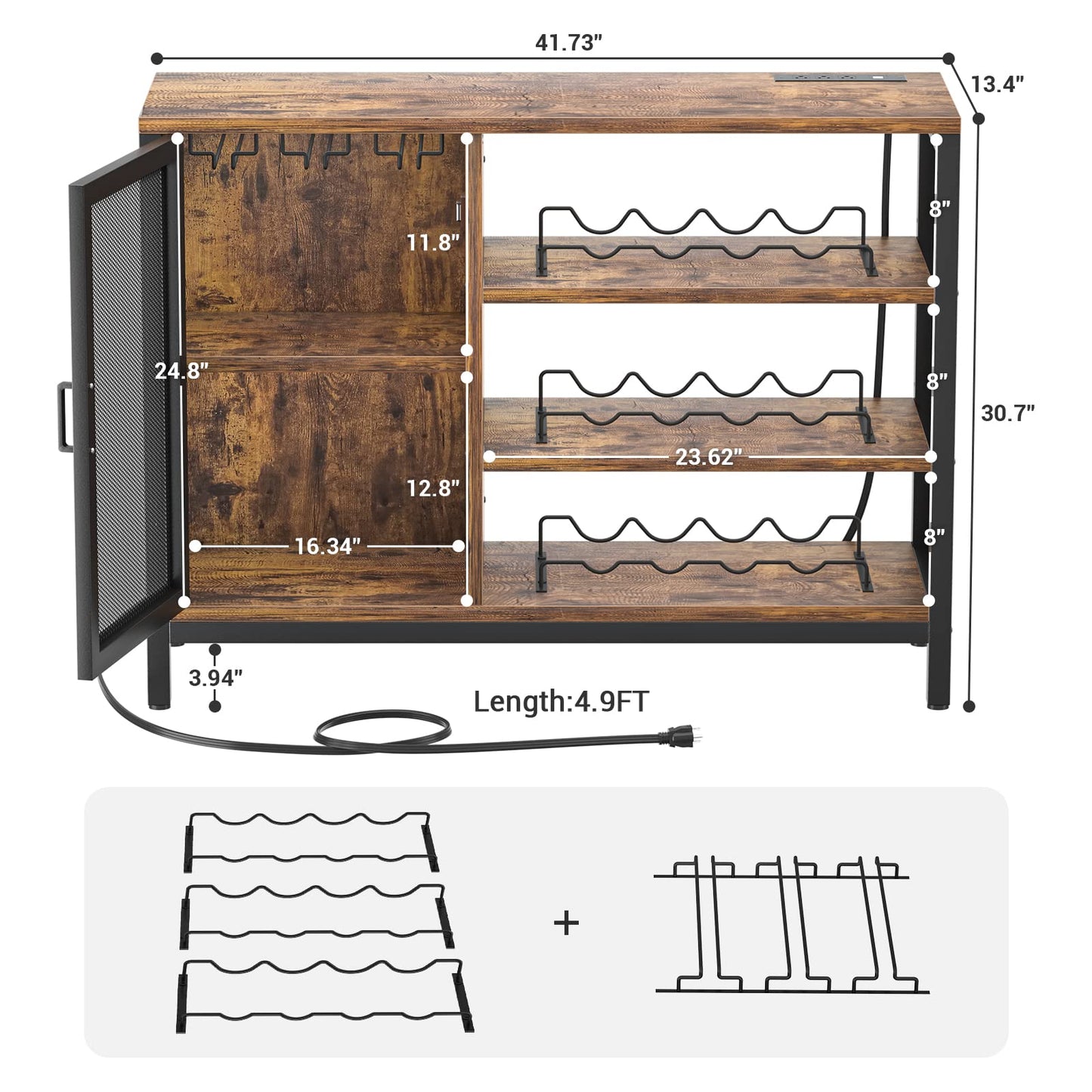 Homieasy Wine Bar Cabinet with Power Outlets, Industrial Coffee Bar Cabinet for Liquor and Glasses, Farmhouse Bar Cabinet with Removable Wine Racks, Rustic Brown - WoodArtSupply