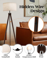 ELYONA Wood Tripod Floor Lamp for Bedroom, 3 Color Temperatures & Linen Shade, Modern Reading Standing Lamp with 9W LED Bulb, Mid Century Night Light for Farmhouse, Living Room, Office, Walnut ELYONA