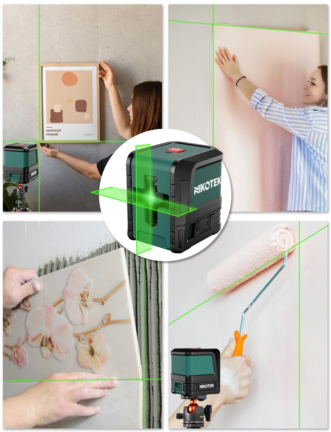 Nikotek Laser Level, Self-leveling Green Line Laser With Horizontal and Vertical Lines for Construction and Picture Hanging, Battery Included Nikotek