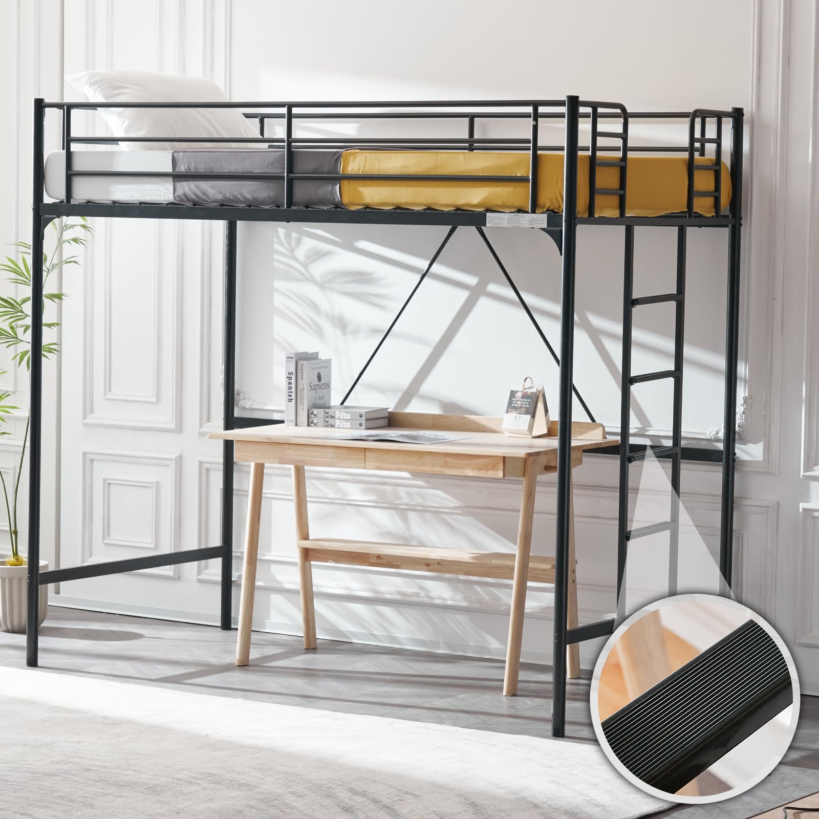 VINGLI Twin Loft Bed with Stairs - Sturdy Metal Bunk Bed with Safety Guard Rails in Black - WoodArtSupply