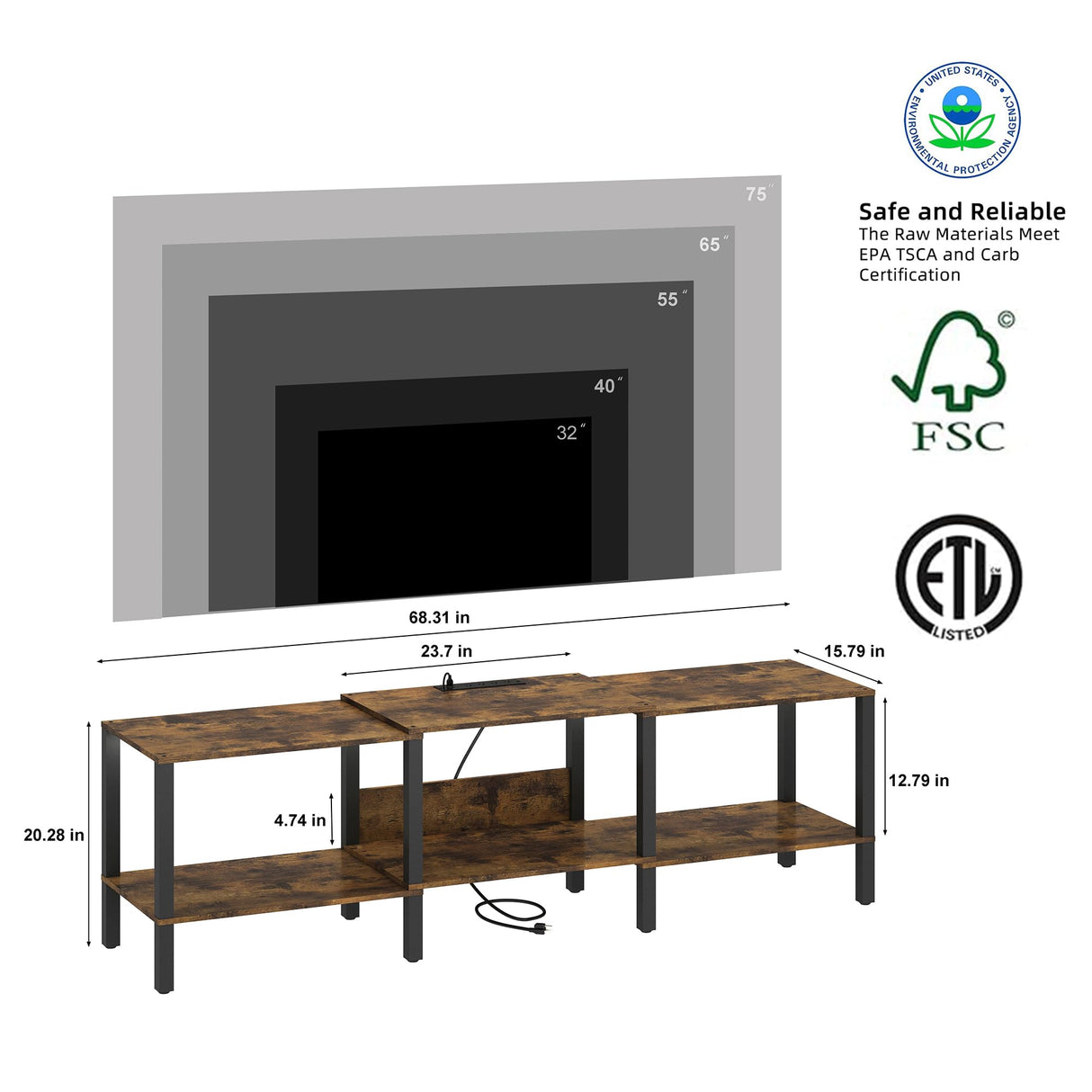 HHETOGOL Modern LED TV Stand with Power Outlet for Living Room+75 Inch Wood TV Media Console for 55/65/75 inch TVs，Industrial TV Stand，TV Stand Media Entertainment Center，Rustic Brown LTV06BE HHETOGOL