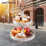 Farmhouse Two Tiered Wooden Tray Stand, UBTKEY 2 Tier Wood Round Decorative Tray with Metal Handle for Home Kitchen Seasonal Holiday Decorations, 17"x13" (Distressed White) UBTKEY