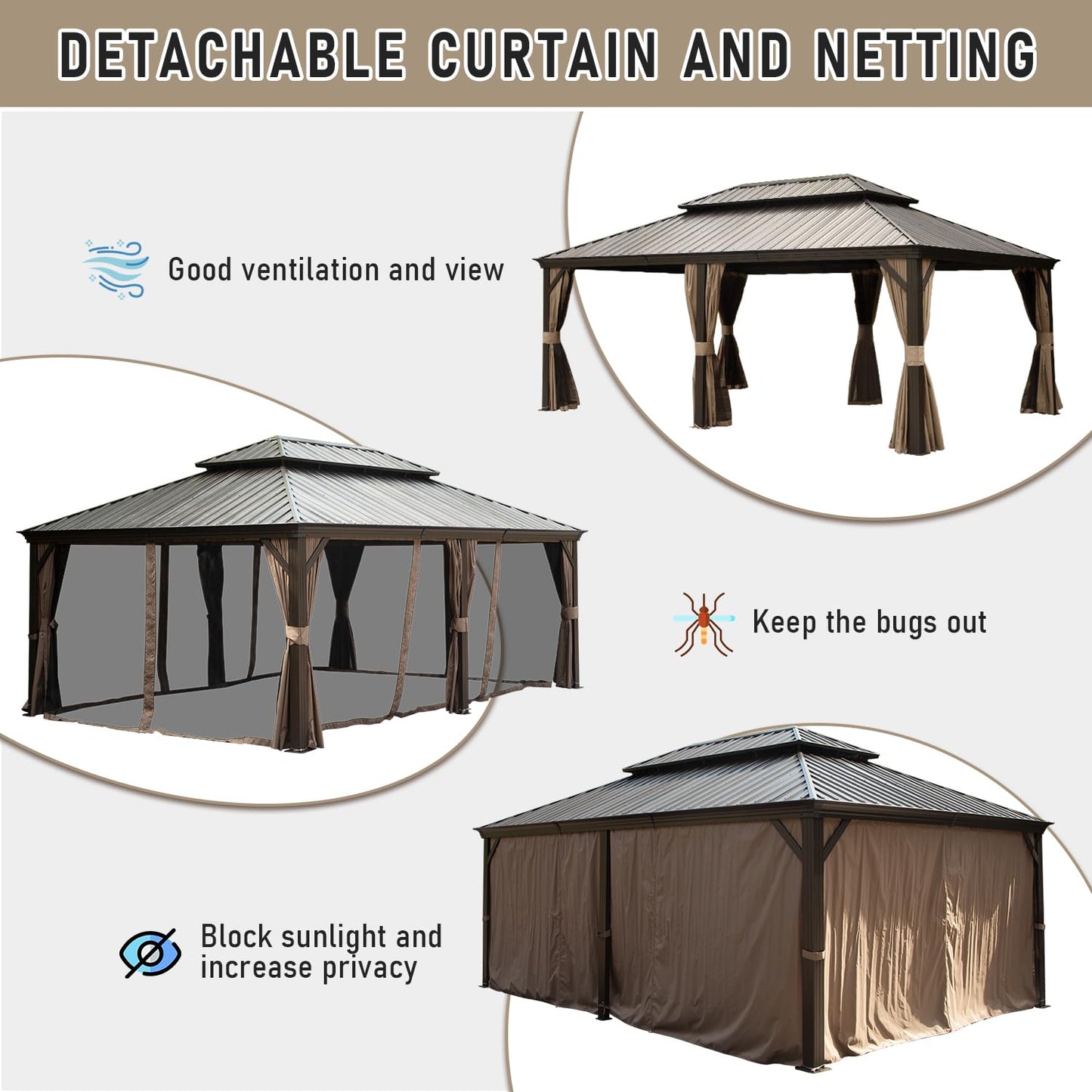 Domi Hardtop Gazebo 14x24FT, Outdoor Gazebo with Galvanized Steel Double Roof, Aluminum Frame, Built-in Gutter System, Curtain and Netting, Metal Gazebo Pavilion for Patio Deck Garden, Brown - WoodArtSupply