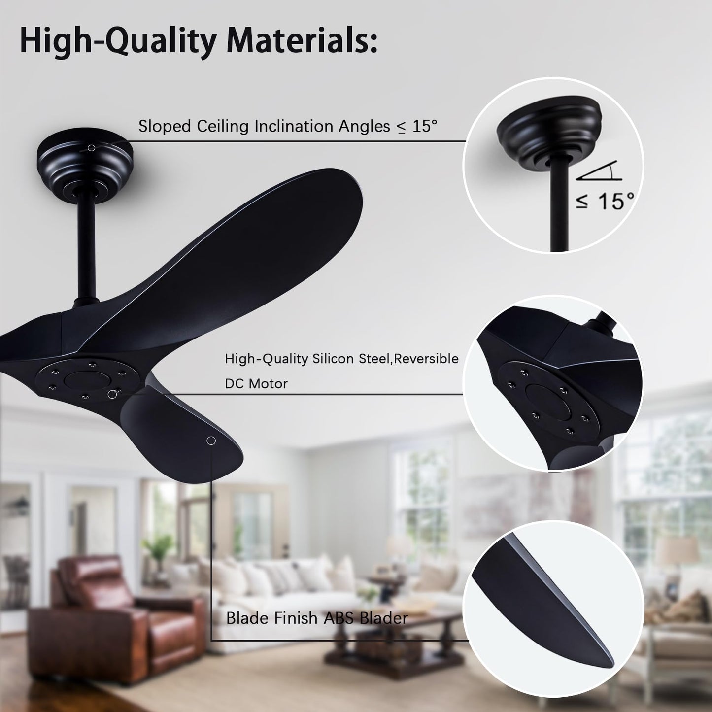 52" Ceiling Fan with Remote Control without Light, Modern Reversible DC Motor Indoor Outdoor 3 Blade Ceiling Fan for Patio, Bedroom and Farmhouse (Black)