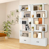 SILKYDRY 6-Tier Geometric Bookcase with Cabinet, 72 Inch Freestanding Room Divider Bookshelf, S-Shaped Open Display Book Shelf for Bedroom, Modern Bookcases with Doors and Shelves (2, White) SILKYDRY