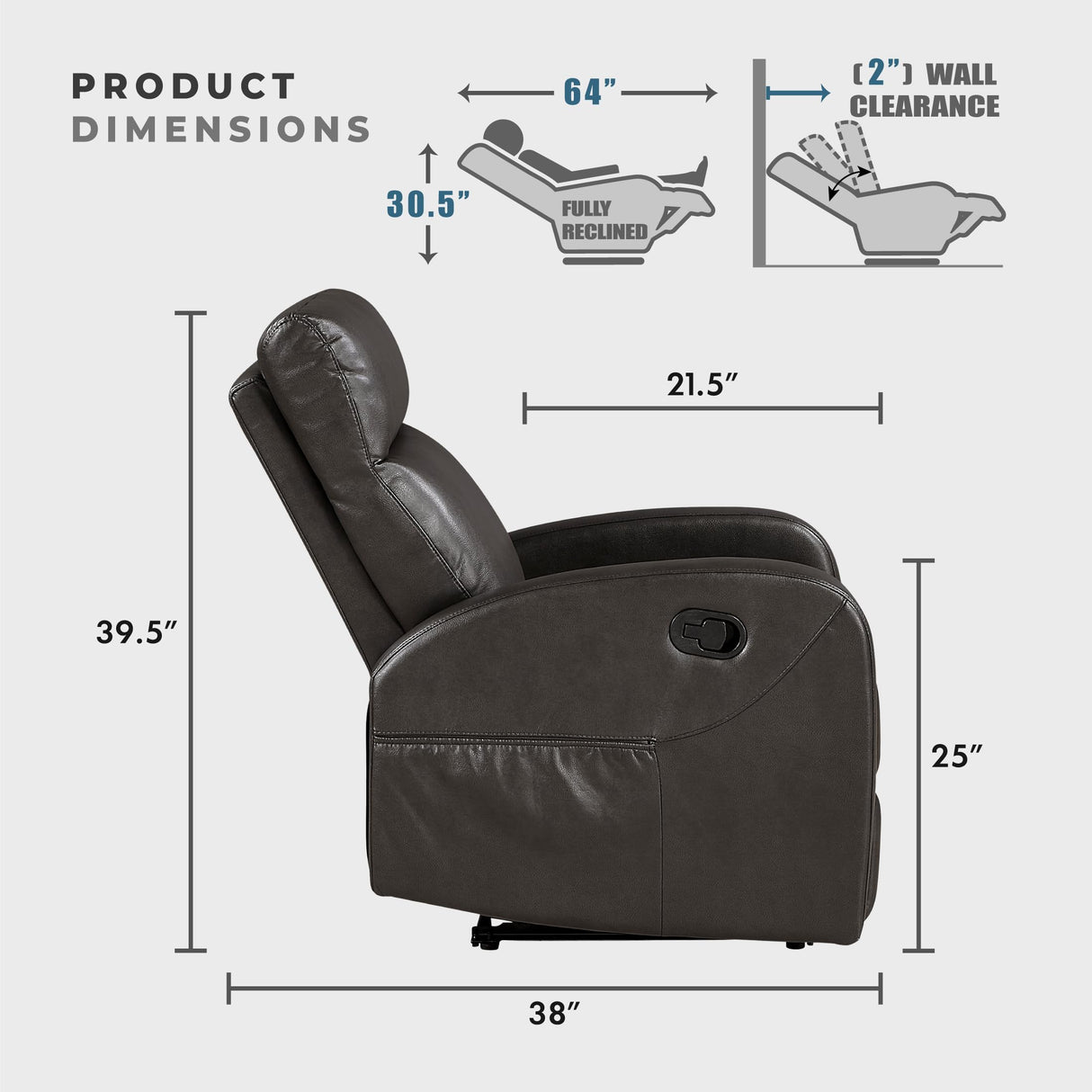 Lexicon Manual Reclining Sofa, Faux Leather Recliner Sofa, Wall Hugger, Track Arms, Magazine Pockets, Manual Dual Recliners Couch for Living Room/Office/Apartment, Easy Assembly, Espresso Lexicon