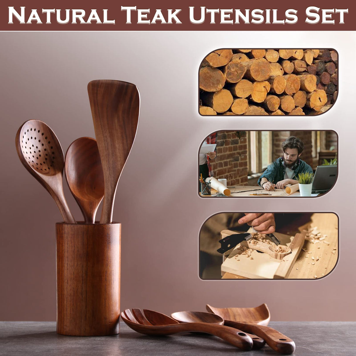 NAYAHOSE Wooden Spoons for Cooking, 6 Pcs Wooden Utensils for Cooking, Natural Teak Wood Non-Stick Cooking Spoons, Wood Utensils Set for Kitchen NAYAHOSE