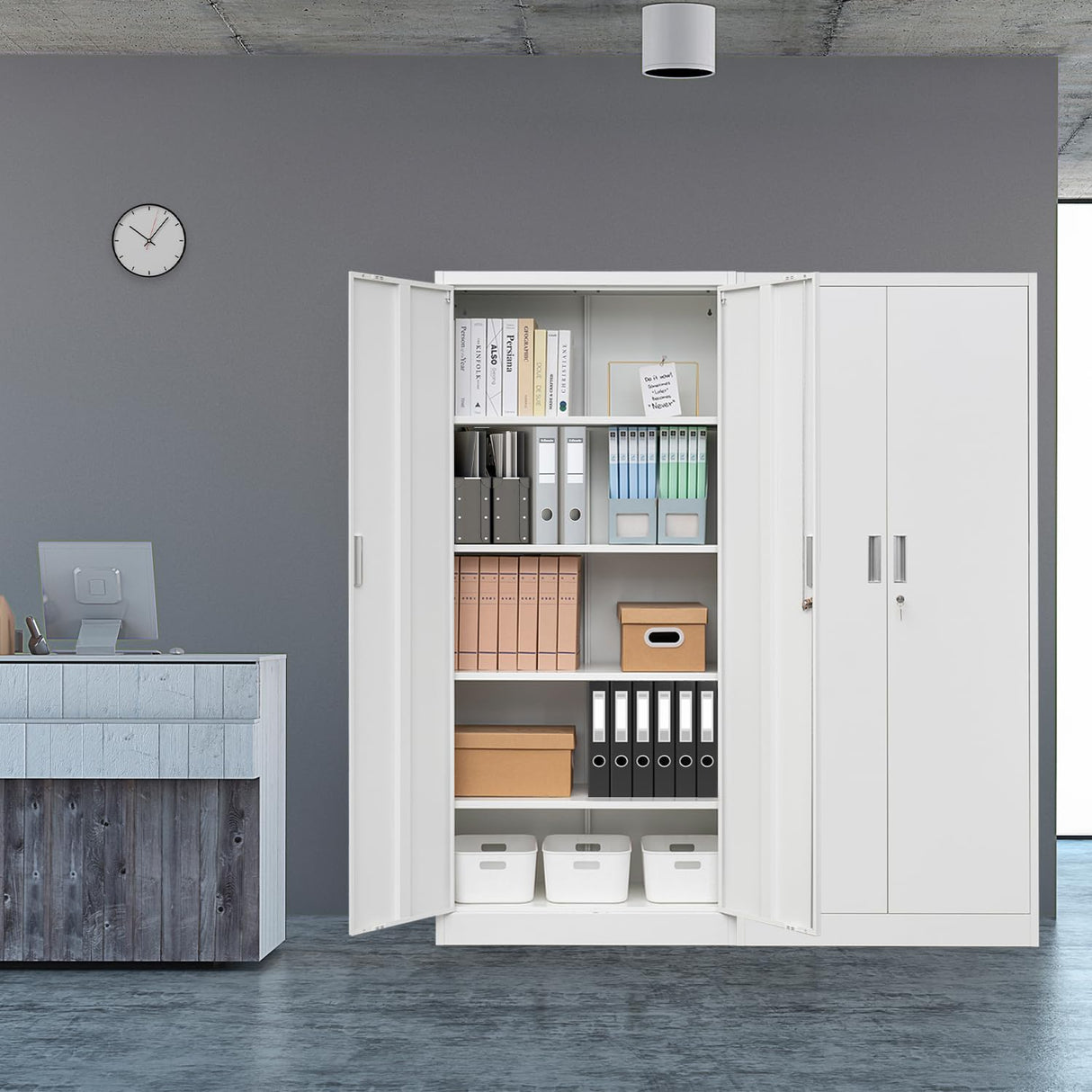 CJF Metal Storage Cabinets with Adjustable Shelves, Locking Storage Cabinet for Garage, Office, School - White CJF