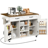 RALGEND Kitchen Island with Power Outlets & Drop Leaf, Kitchen Cart with Storage, Drawer and Spice Rack, Tower Rack, Island Table, White and Walnut RALGEND