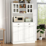 Kitchen Pantry Cabinet with Double Tilt Out Trash Cabinet, 68" Tall Kitchen Storage Cabinet with 2 Drawers & Hutch, 20 Gallon Hidden Trash Can Cabinet, Kitchen Cupboard with Microwave Coffee Stand Gyfimoie