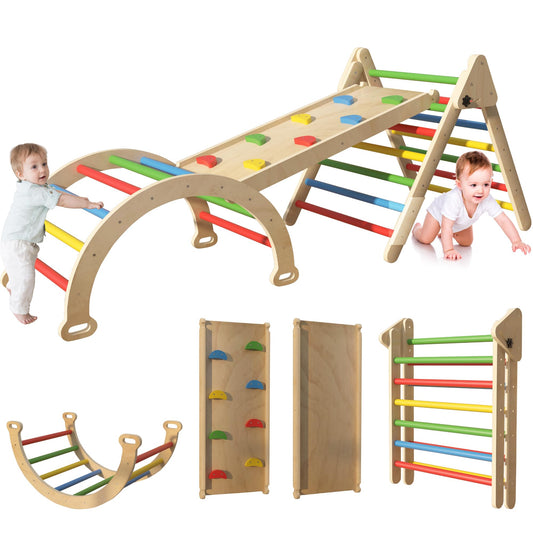 LFCREATOR 7-in-1 Wooden Pikler Triangle Climbing Set, Toddler Climbing Toys Indoor & Outdoor Fun with Ramp, Climbing Toys for Toddlers 1-3 Inside, Rainbow Colored Playground Baby Climbing Toys.