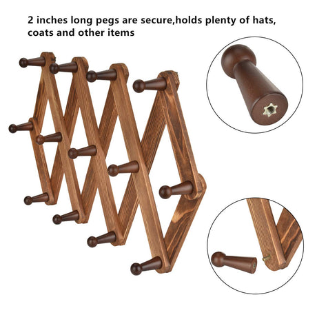 Homode Vintage Wood Expandable Peg Rack- Multi-Purpose Accordion Wall Hangers with 13 Hooks for Hats, Coat, Mugs, Scarf, Jewelry Storage Homode