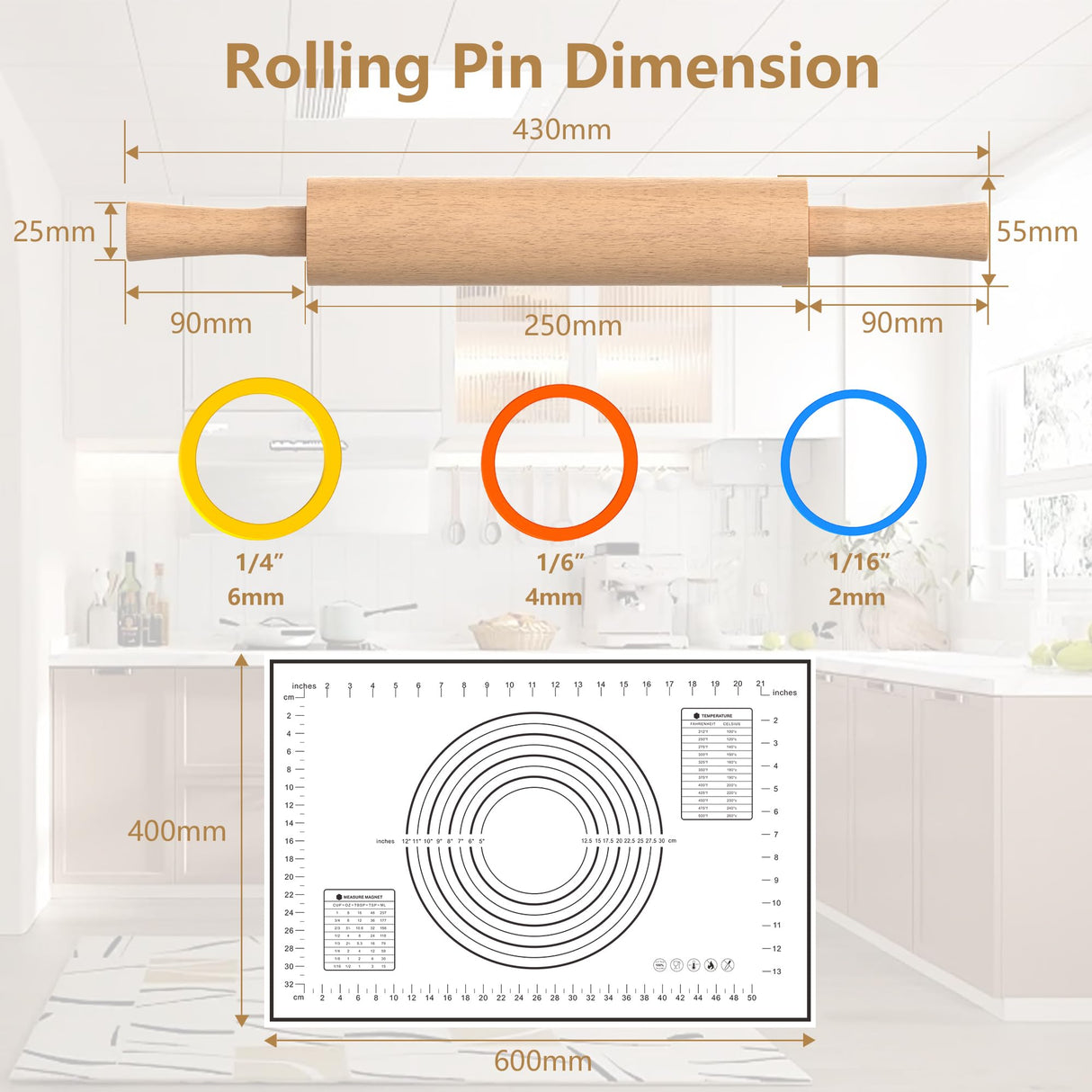 Mepple Classic Wooden Rolling Pin with Handle and Pastry Mat for Fondant, Pizza, Pies, Cookies, Rolling Pin for Baking with 3 Multi-Color Thickness Rings, 17" x 2.5" Natural Beechwood Rolling Pin Mepple