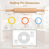 Mepple Classic Wooden Rolling Pin with Handle and Pastry Mat for Fondant, Pizza, Pies, Cookies, Rolling Pin for Baking with 3 Multi-Color Thickness Rings, 17" x 2.5" Natural Beechwood Rolling Pin Mepple