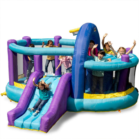 Sportspower INF-2415 Whack-A-Play Inflatable Bounce House with Basketball Hoop, Slide and Quick Inflate Blower: Recommended Age 3-8, Blue/Purple and Yellow, 13'x12'x7.83' Sportspower
