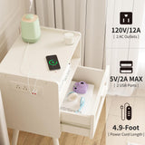 Mid Century Modern Nightstand with Charging Station, Bedside Tables with Glass Drawer, End Table Side Table with 2 Tiers Storage Space, for Bedroom, Living Room, White SOOWERY