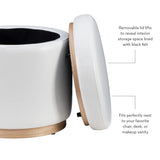 Linon Lexington White Faux Leather Round Storage Ottoman with Wood Accent Linon