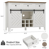 IDEALHOUSE 47.2'' Farmhouse Buffet Cabinet with Sliding Barn Door, 33.4'' Tall Wood Rustic Sideboard with 3 Drawer, Adjustable Shelf and Removable Wine Rack for Dining Room, Kitchen, White IDEALHOUSE