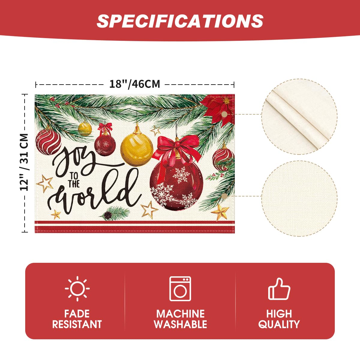 Artoid Mode Joy to The World Xmas Red Balls Christmas Placemats Set of 4, 12x18 Inch Seasonal Winter Pine Cone Table Mats for Party Kitchen Dining Decoration Artoid Mode