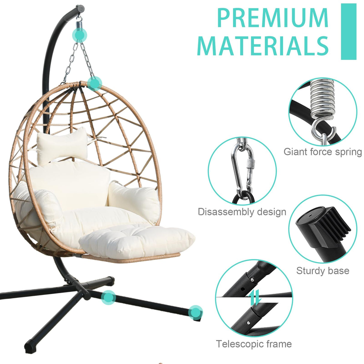 Jadoxy Hanging Egg Chair with Leg Stand, Indoor/Outdoor Swing Egg Chair Hammock Basket Seat Chair with Cushion for Porch Balcony Garden Patio (Ribbon+Rattan, Yellow+White) Jadoxy