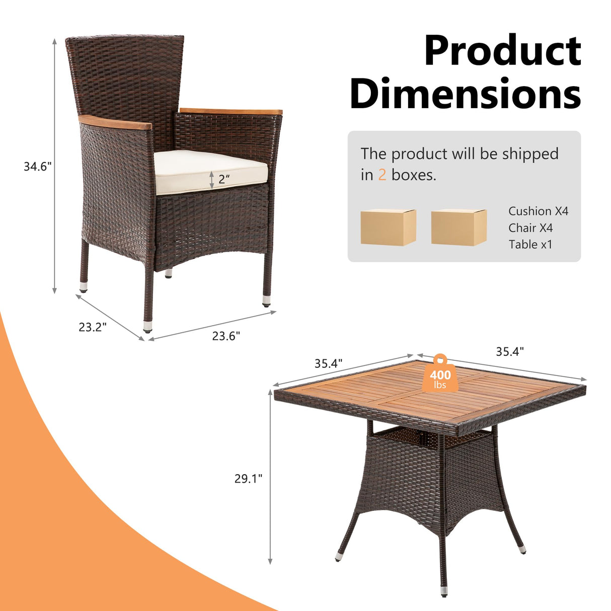 RoyalCraft 5 piece Patio Wicker Dining Sets for 4, Water-Resistant Rattan outdoor dining Table and 4 Chairs with Wood Table Top, Conversation Set for Deck, Garden, Backyard, Removable Cushions, Teak RoyalCraft