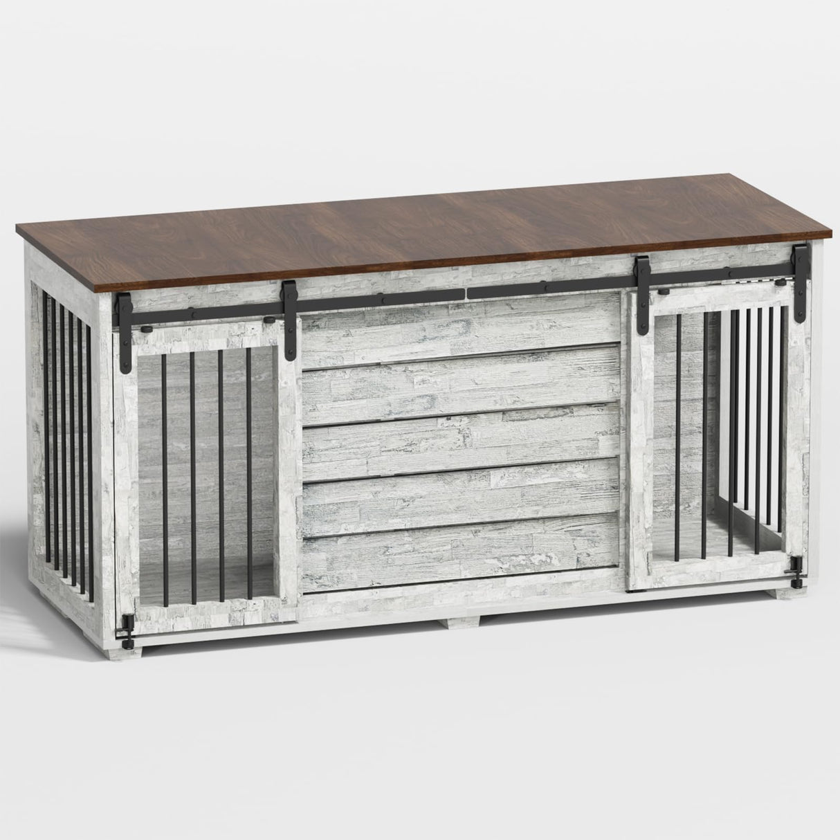 EBE Dog Crate Furniture, 63''Wooden Dog Kennel with Removable Divider and Sliding Door, Dog Crate with Double Rooms, Heavy Duty Dog Crate Table Indoor TV Stand for Small Medium Large Dogs EBE