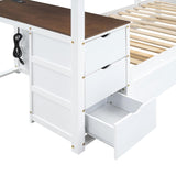 Linique Twin-Over-Twin Bunk Bed with Twin Size Trundle, Ladder & Full-Length Gurardrails, Writing Desk with USB Ports, 3-Hole Socket & 3 Drawers, White+Walnut Linique