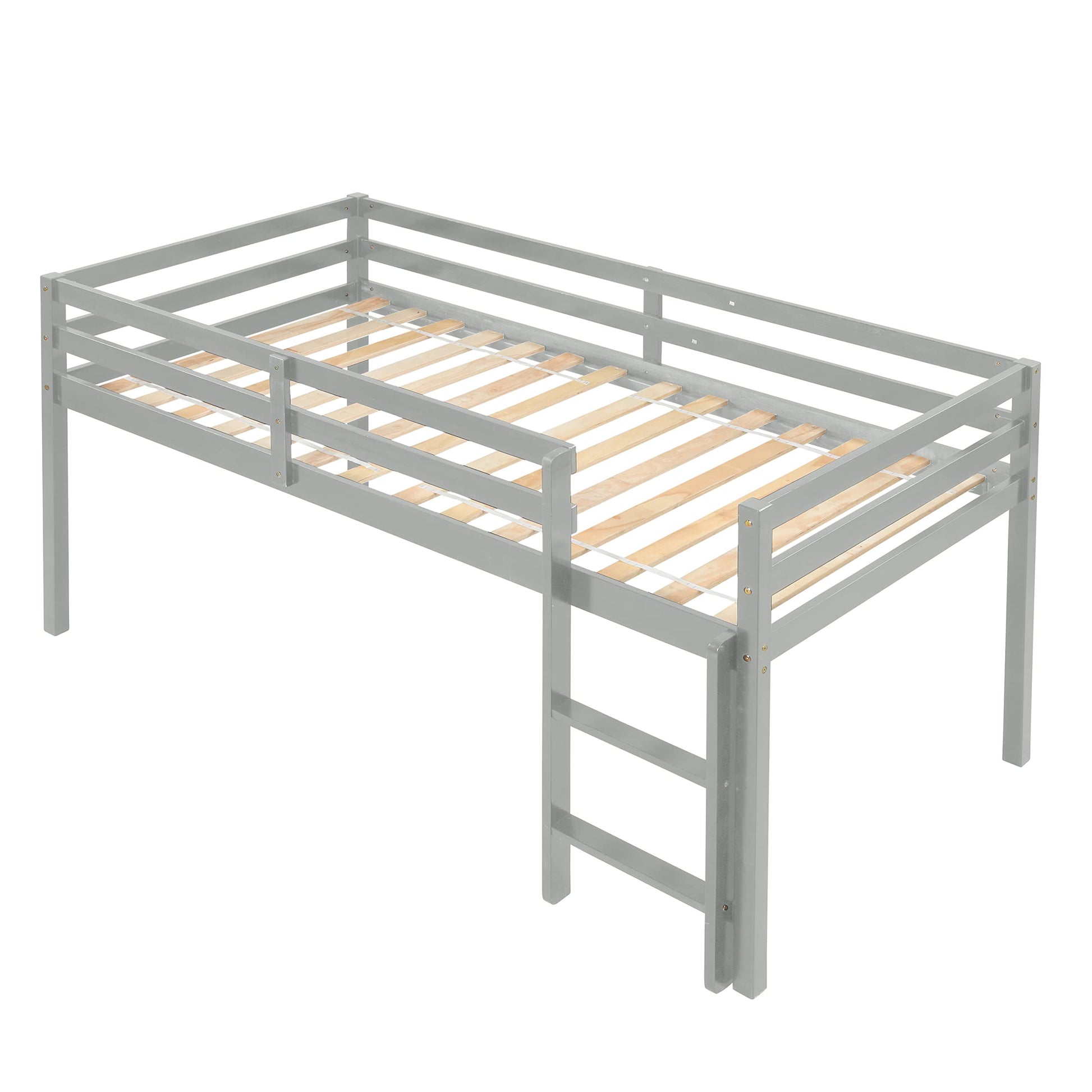 LoLado Twin Loft Bed - Grey Solid Wood Bed Frame with Guard Rails and Built-In Ladder for Kids - WoodArtSupply