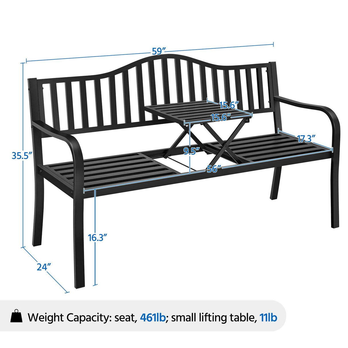 Yaheetech Outdoor Garden Bench w/Pullout Middle Table, Metal Patio Bench, Front Porch for Backyard, Weather-Resistant Frame, Patio Seating for 2-3 Person, Black Yaheetech