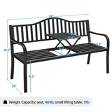 Yaheetech Outdoor Garden Bench w/Pullout Middle Table, Metal Patio Bench, Front Porch for Backyard, Weather-Resistant Frame, Patio Seating for 2-3 Person, Black Yaheetech