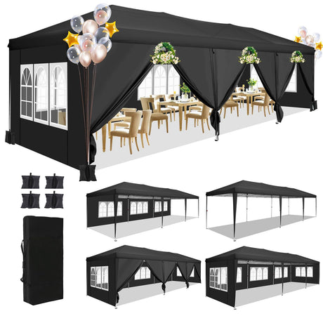 COBIZI 10x30 Pop Up Canopy Tent with 8 Sidewalls Tents for Parties Waterproof Camping Canopy Ez Up Party Tent Outdoor Portable Gazebo for Backyard Commercial Event Tent with sandbags, Black COBIZI