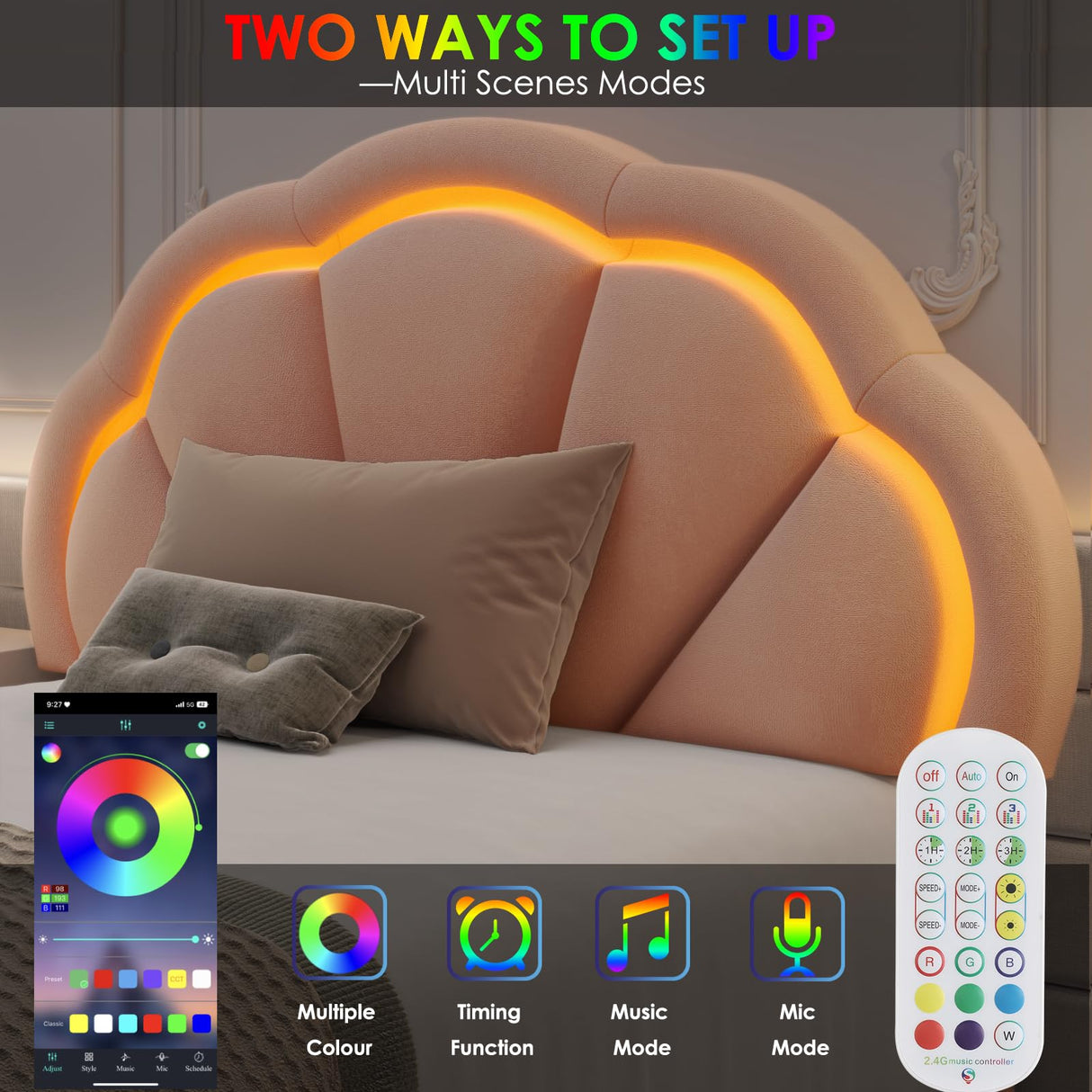 HIFIT Twin Upholstered Smart LED Bed Frame with Adjustable Chic Petal Headboard, Princess Twin Size Platform Bed Frames for Kids/Girls, Wooden Slats Support, No Box Spring Needed, Easy Assembly, Pink HIFIT