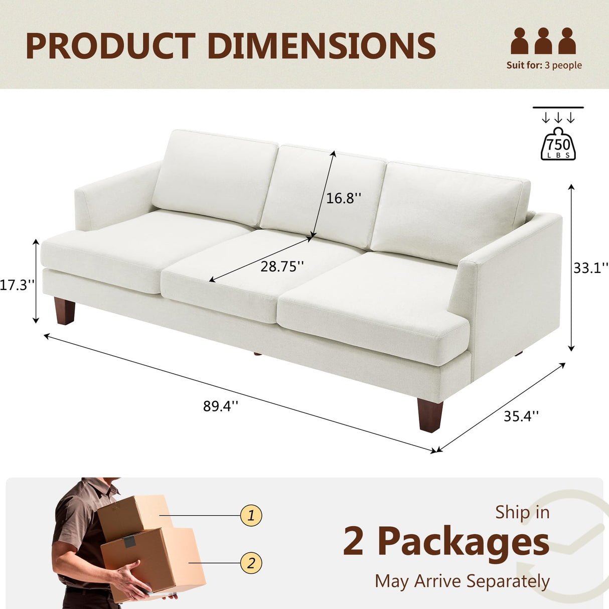 Busaurus 3 Seater Sofa Couch with Deep Seats, 89" Mid Century Modern Upholstered Sofa with Armrests, Comfy Couches for Living Room, Bedroom, Apartment and Office (Beige) Busaurus