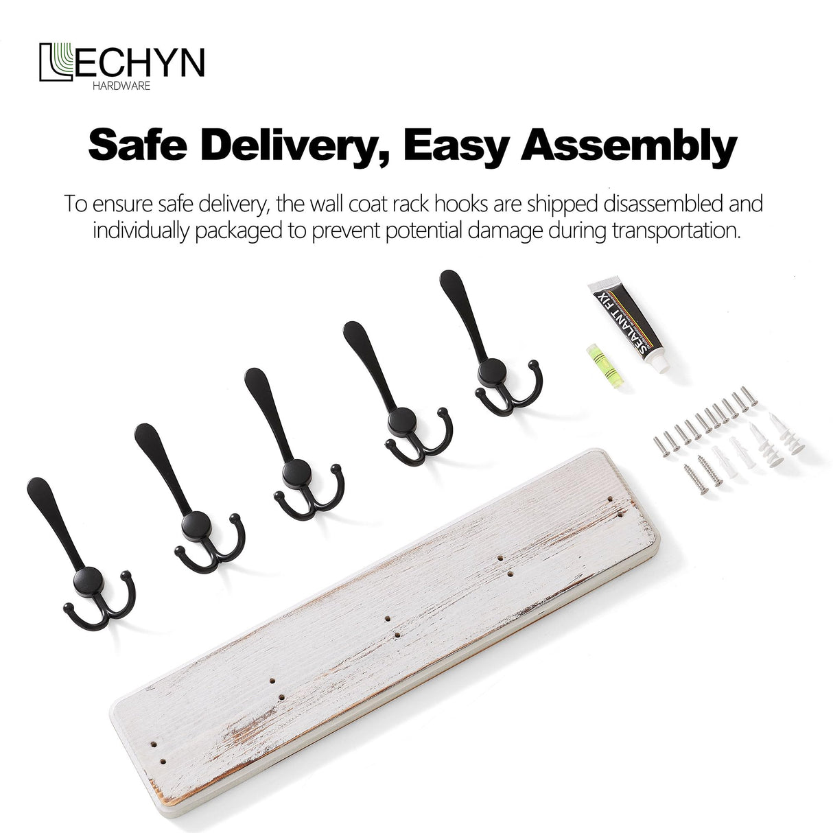 LECHYN Rustic Wooden Coat Rack Wall Mount with 5 Hooks, Farmhouse Wood Coat Hanger Wall Mount Heavy Duty for Hanging Jacket Coat (White) LECHYN