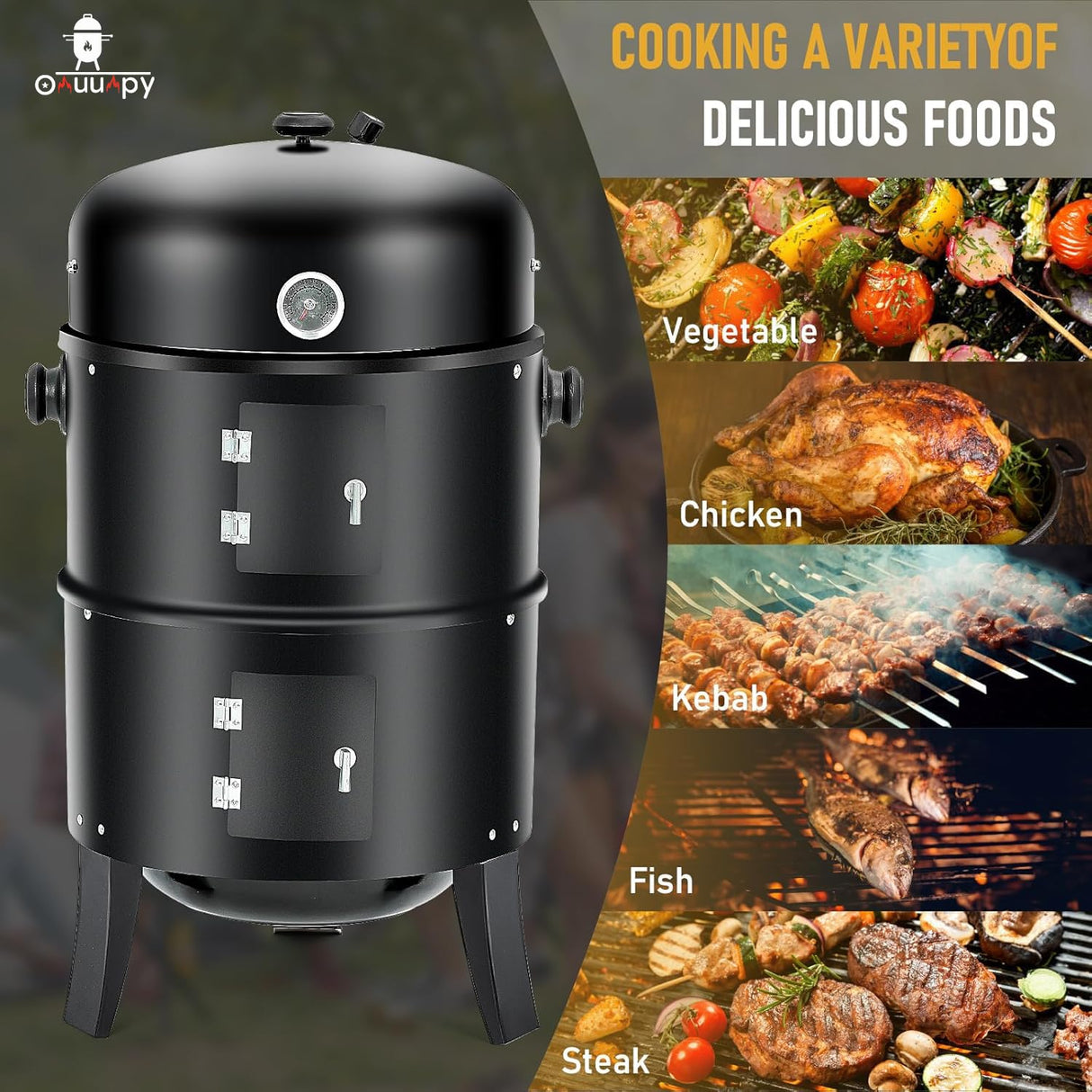 3-in-1 Vertical Charcoal Smoker, 16in BBQ Smoker Grill with Built-in Thermometer, Air Vent, and 2 Access Doors of black iron, Idea for Parties, Backyard, Barbecues ONUUNPY