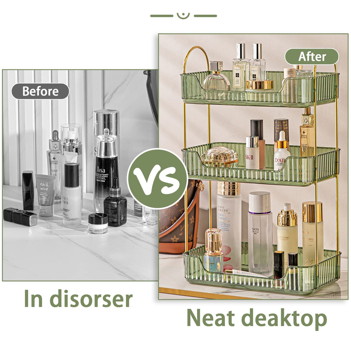 Shuang Qing Bathroom Counter Organizer - Countertop Storage, Cosmetics & Skincare Shelf, Makeup & Perfume Organizer, Spice Rack for Kitchen (3 Tier - Green) shuang qing