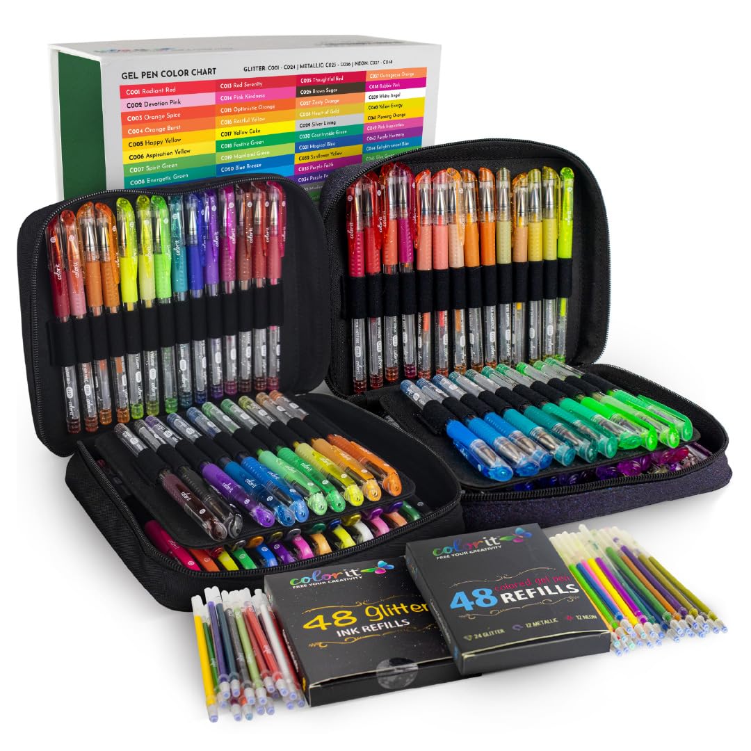 ColorIt Gel Pens Set for Coloring – 192 Pack with 12 Metallic, 12 Neon, 72 Glitter Gel Pens - 96 Refills & 2 Travel Cases - Vibrant Colors for Journaling, Writing, Coloring Books, & Creative Projects ColorIt