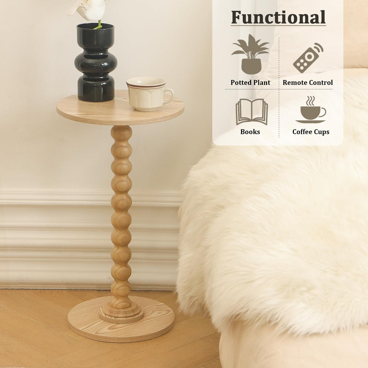 Fultyle Round Side Table, Small Drink Table for Small Spaces, Modern Accent End Table Coffee Table with Solid Wood Leg for Living Room, Bedroom, Corners, and Office (Natural) Fultyle