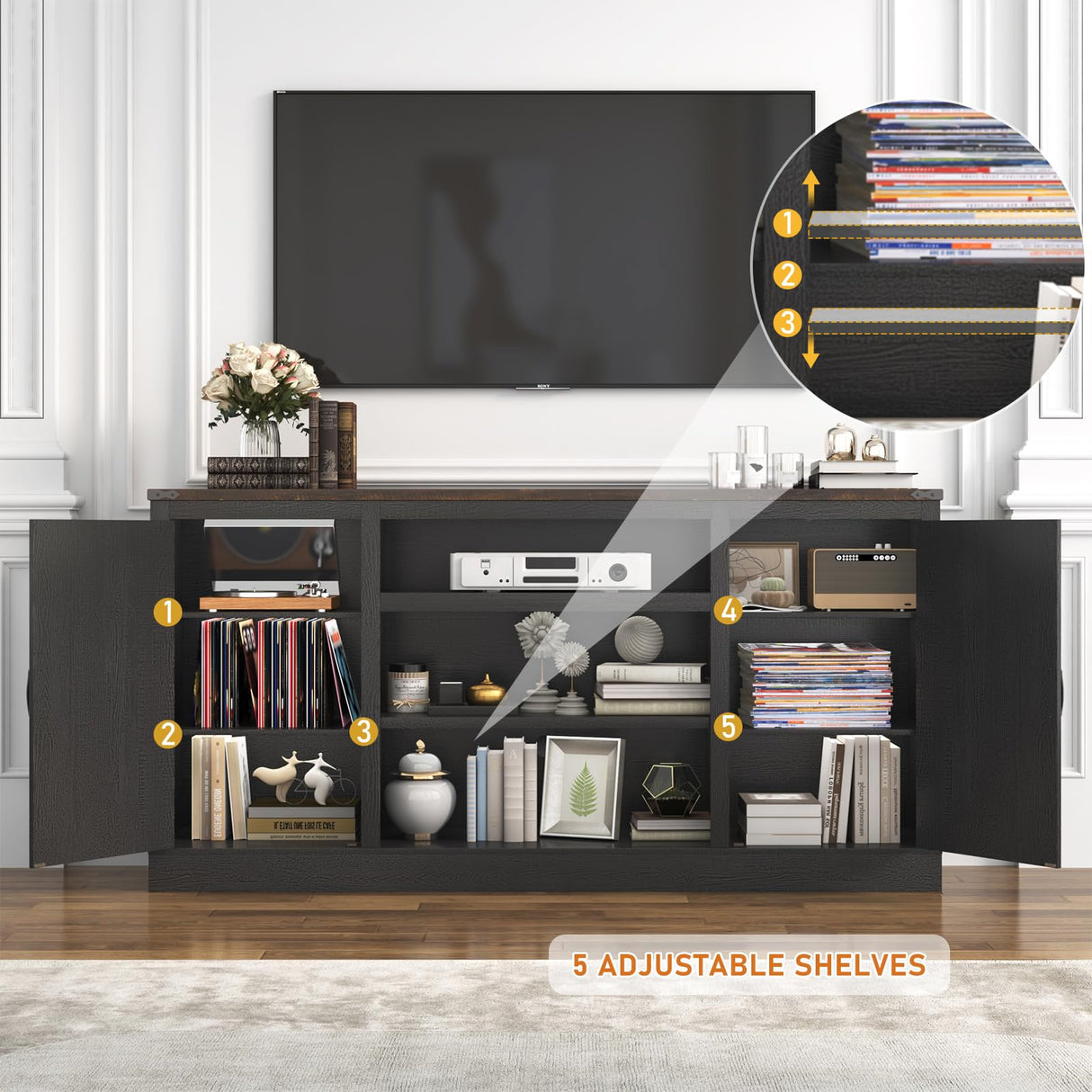 Hlivelood 66" Farmhouse TV Stand with Power Outlets for 75 65 Inch TVs, 33" Tall Entertainment Center with Storage Cabinets w/Adjustable Shelves, Rustic Large TV Media Console for Living Room, Black Hlivelood