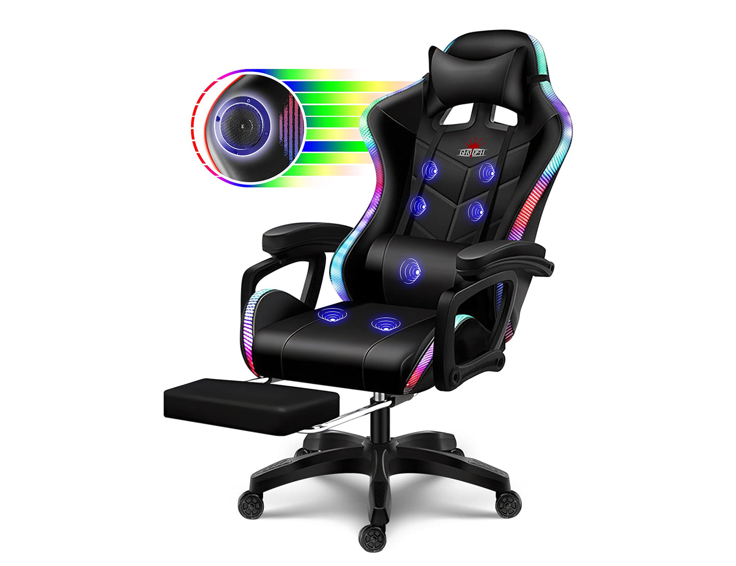 Ergonomic Pro Gaming Chair with LED Lights and Speakers, Video Game Chair with Massage and Footrest, High Back Computer Chair with Lumbar Support and Headrest, Adjustable Height, for Adult Teens.,Bla